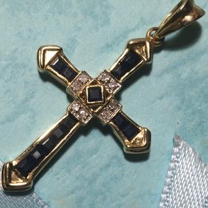 14k Vintage Sapphire Diamonds Cross Pendant